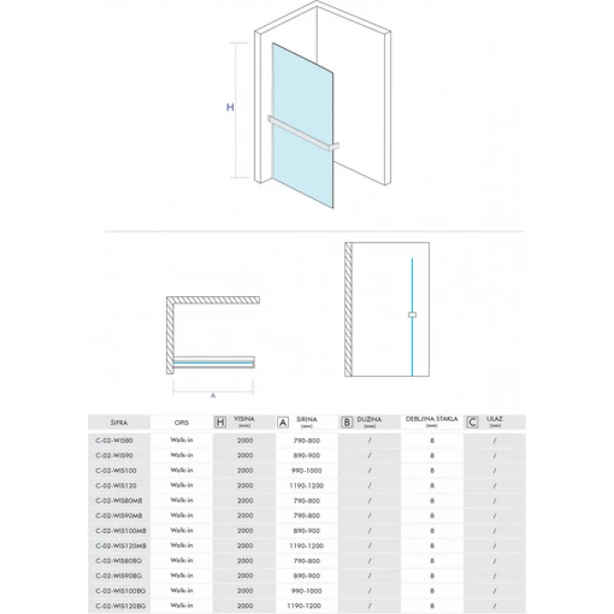 Walk-in COPEN MONTE SUPERIORE 1200x2000. 8mm staklo. polica i držač mat crni