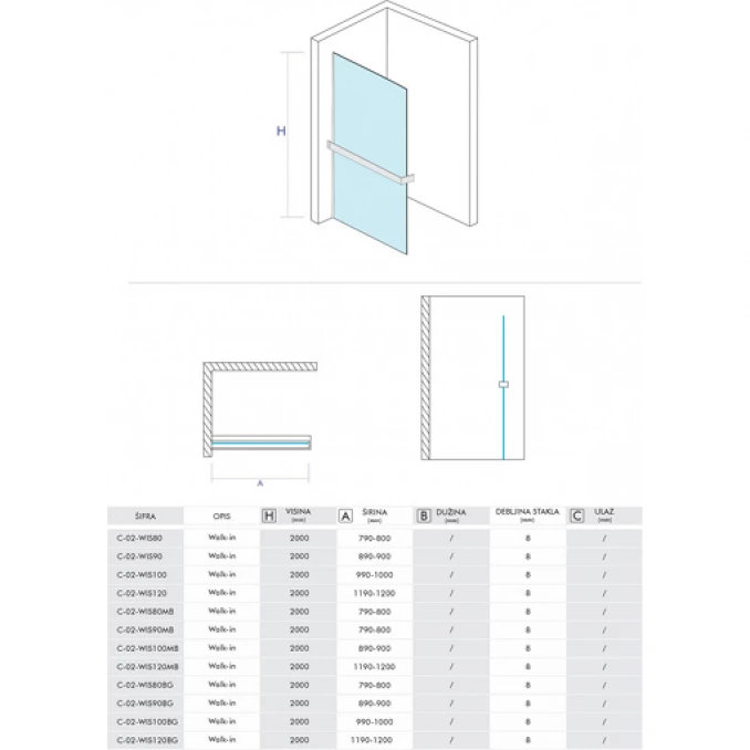 Walk-in COPEN MONTE SUPERIORE 800x2000. 8mm staklo. polica i držač mat crni