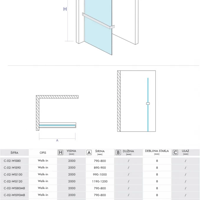 Walk-in COPEN MONTE SUPERIORE 900x2000. 8mm staklo. polica i držač mat crni