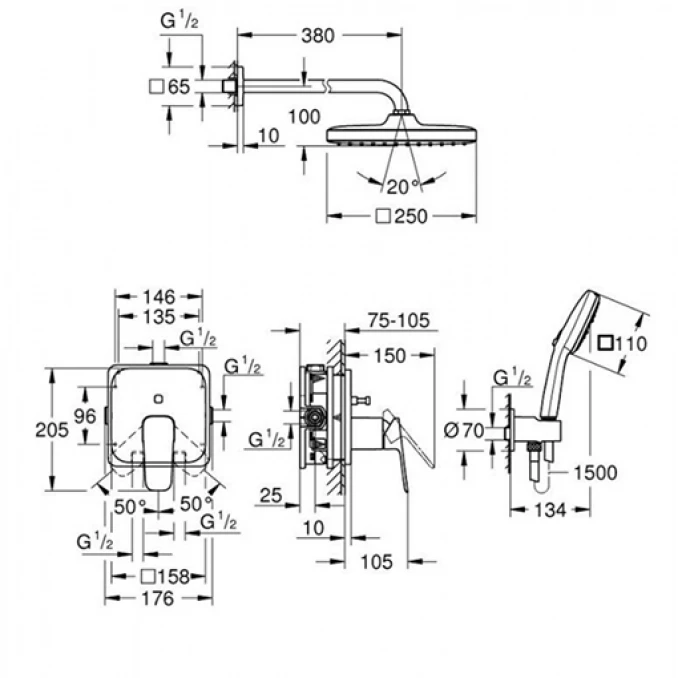 Ugradni set GROHE CUBEO sa Tempesta tušem 250mm cube