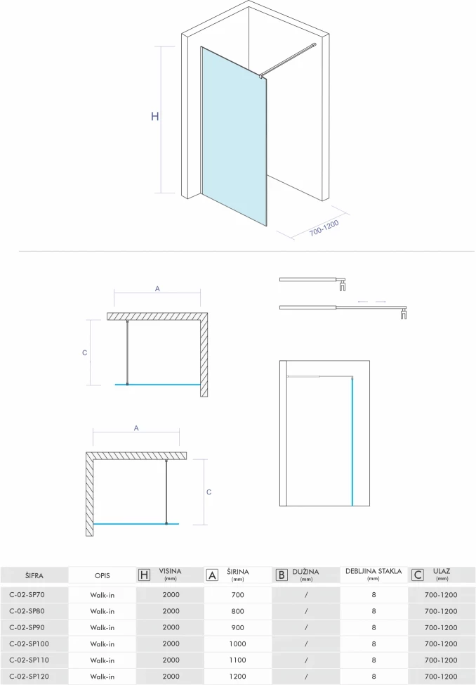 Walk-in COPEN PROJECT 1100x2000 8mm staklo