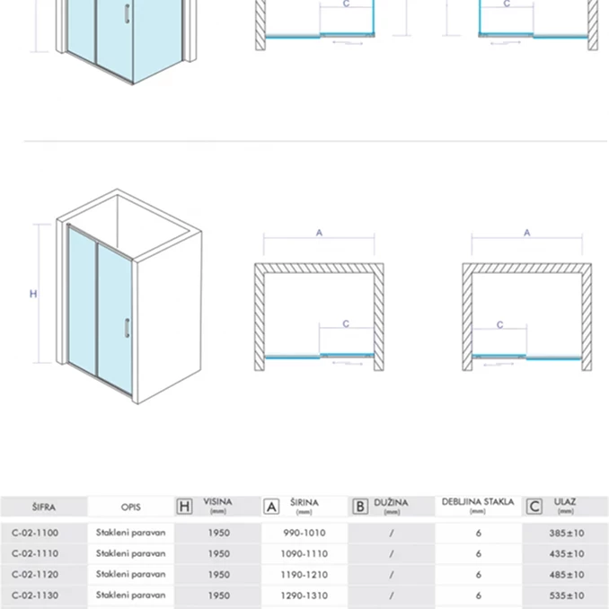 Stakleni paravan COPEN PROJECT 1100x1950 staklo 6mm providno