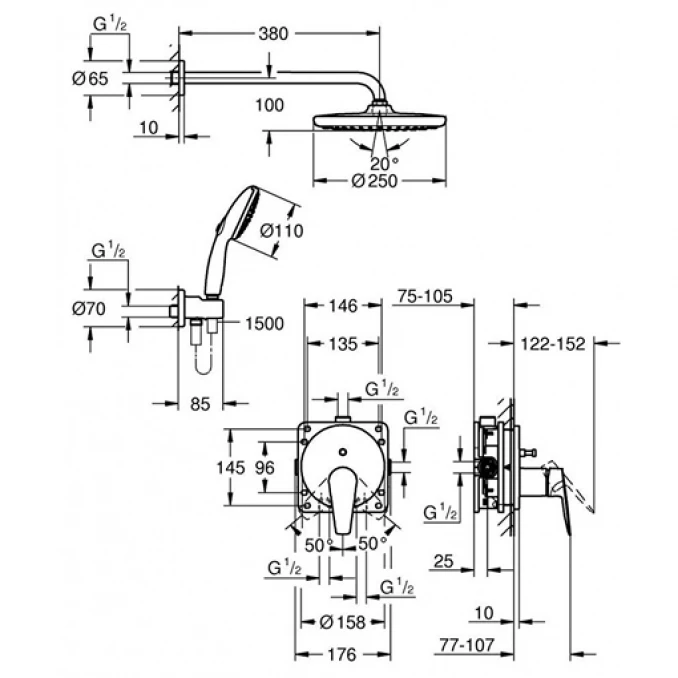 Ugradni set GROHE BAUEDGE sa Tempesta tušem 250mm 2F