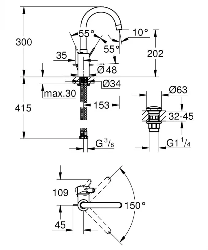 Baterija za lavabo GROHE EUROSMART COSMOPOLITAN L ''click''