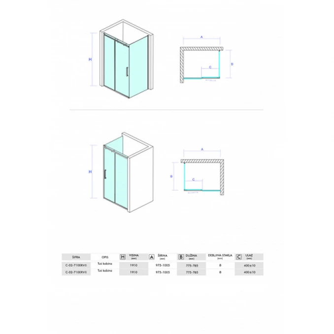 Tuš kabina COPEN NEPTUN 1000x800 staklo 8mm providno reverzibilna