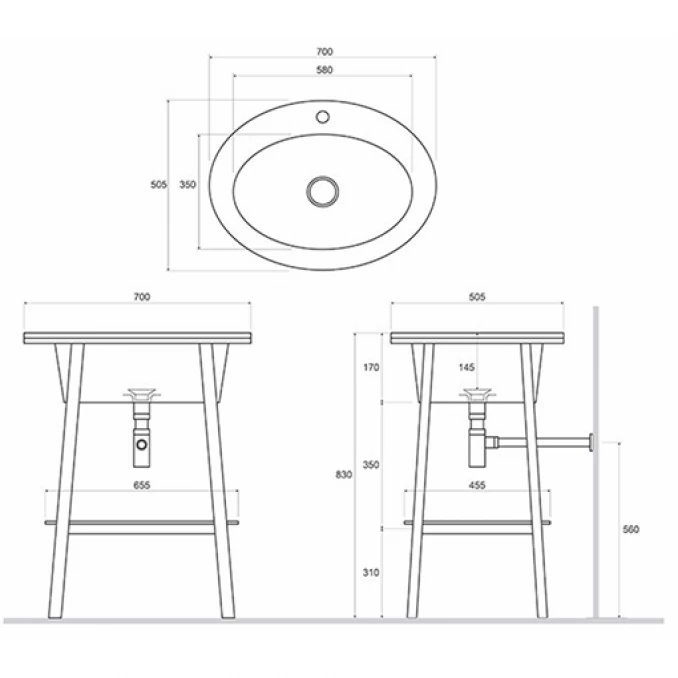 Lavabo COPEN sa postoljem i policom 700x500x825 i otvorom za slavinu matt white