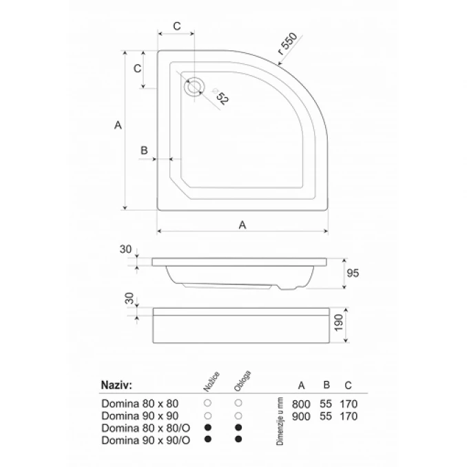 Tuš kadica COPEN LUNA R900 sa demontažnom maskom