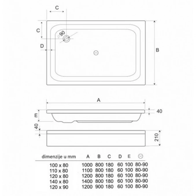Tuš kadica COPEN LUNA 1200x800 sa demontažnom maskom lijeva