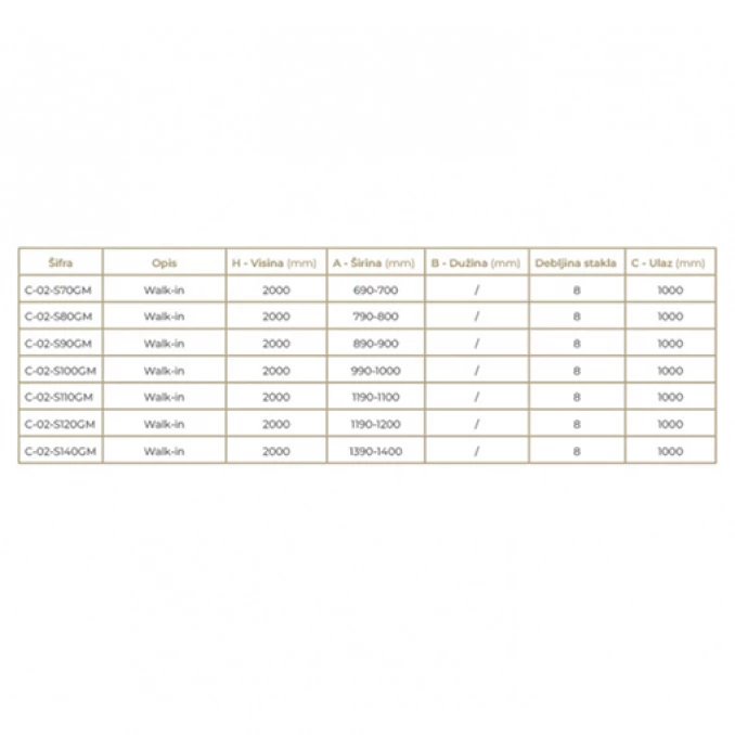 Walk-in COPEN MONTE 700x2000 8mm staklo gunmetal