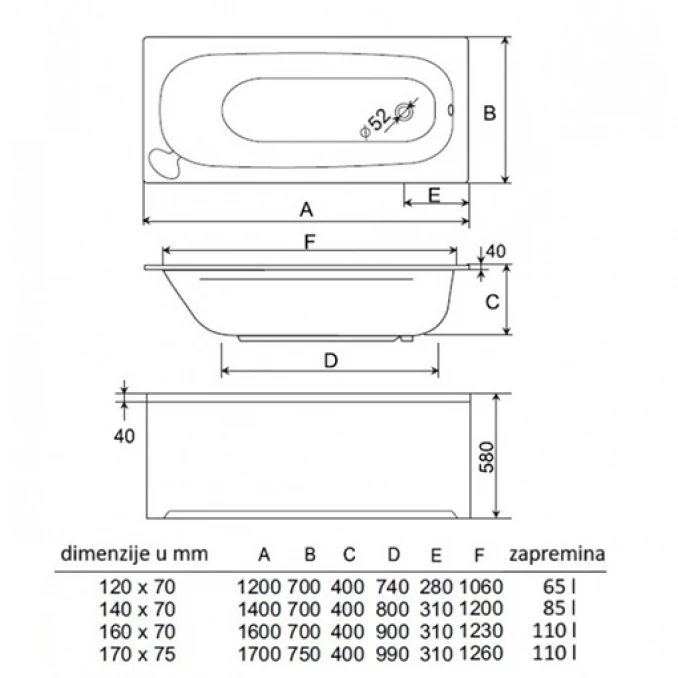 Kada COPEN LYRA 120x70 komplet sa oplatom LIJEVA