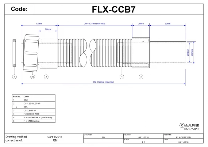 Sifon fleksibilni McALPINE 5/4 ø32 420-800mm